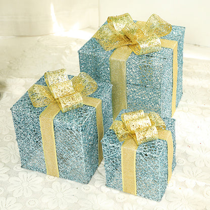 Lighted Metal Gift Box Sets of 3 – LED Christmas Decorations in Gold, Red, Blue & Silver