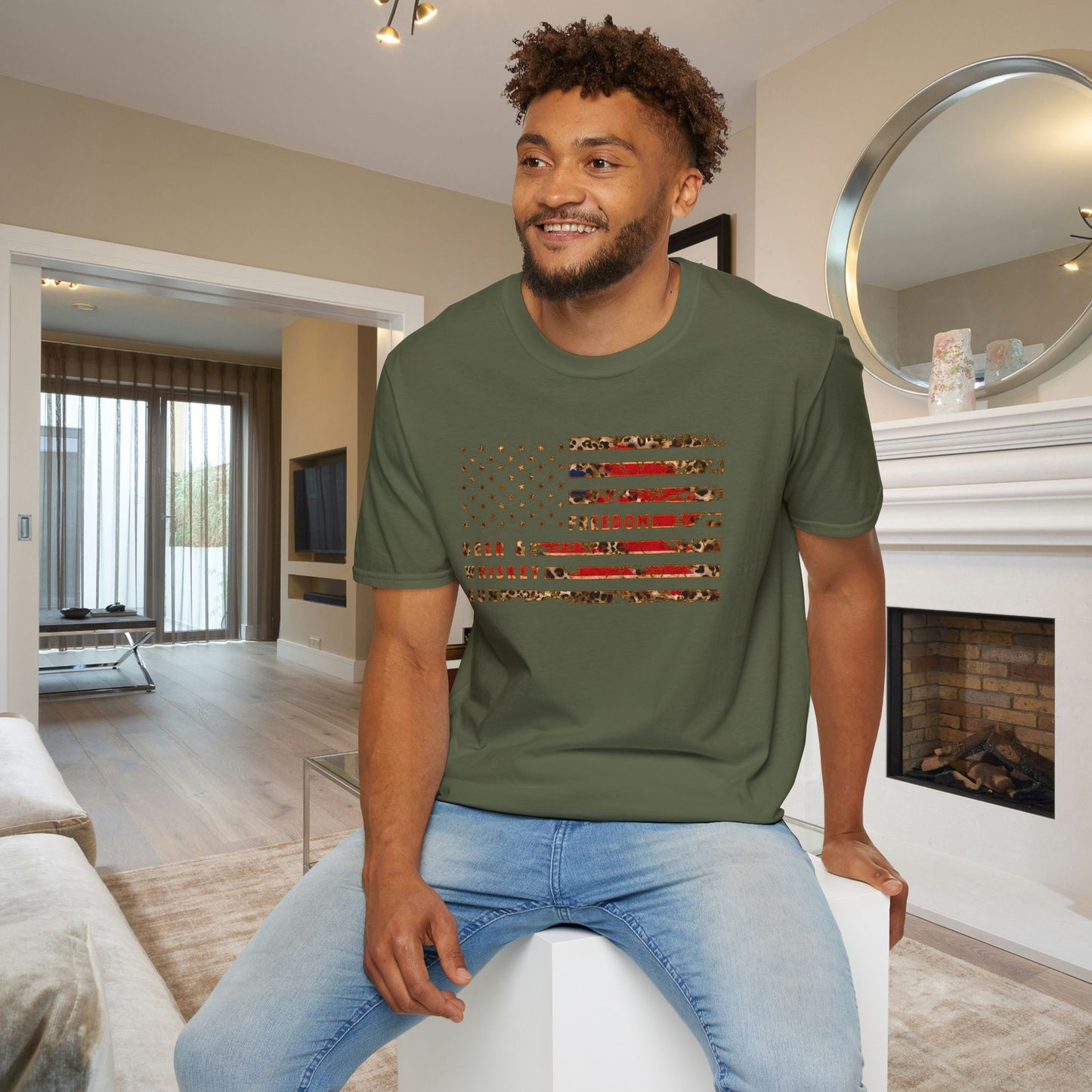 Freedom, Beer & Whiskey, Guns American Flag Adult T-shirt