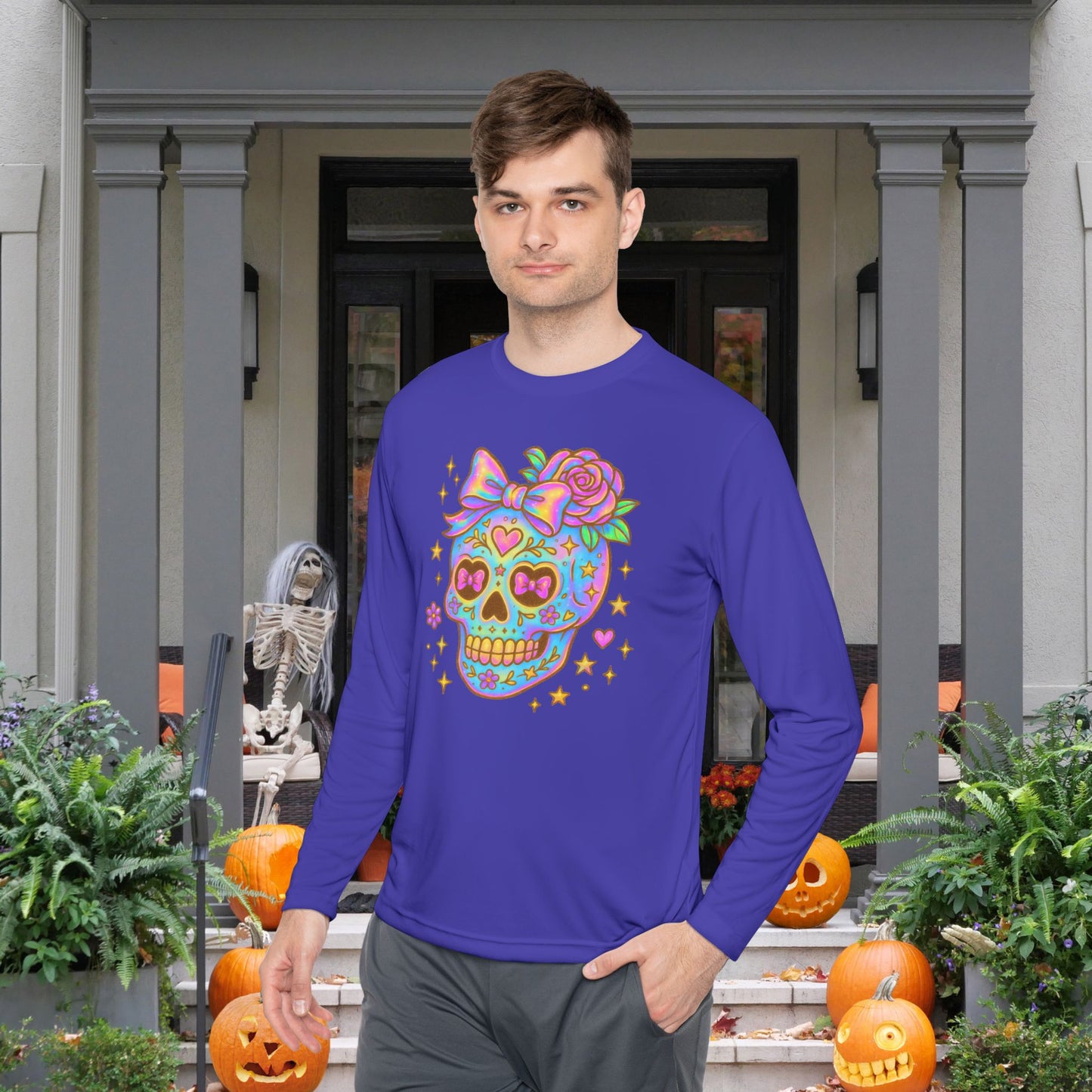 Neon Sugar Skull Adult Long Sleeve Tee