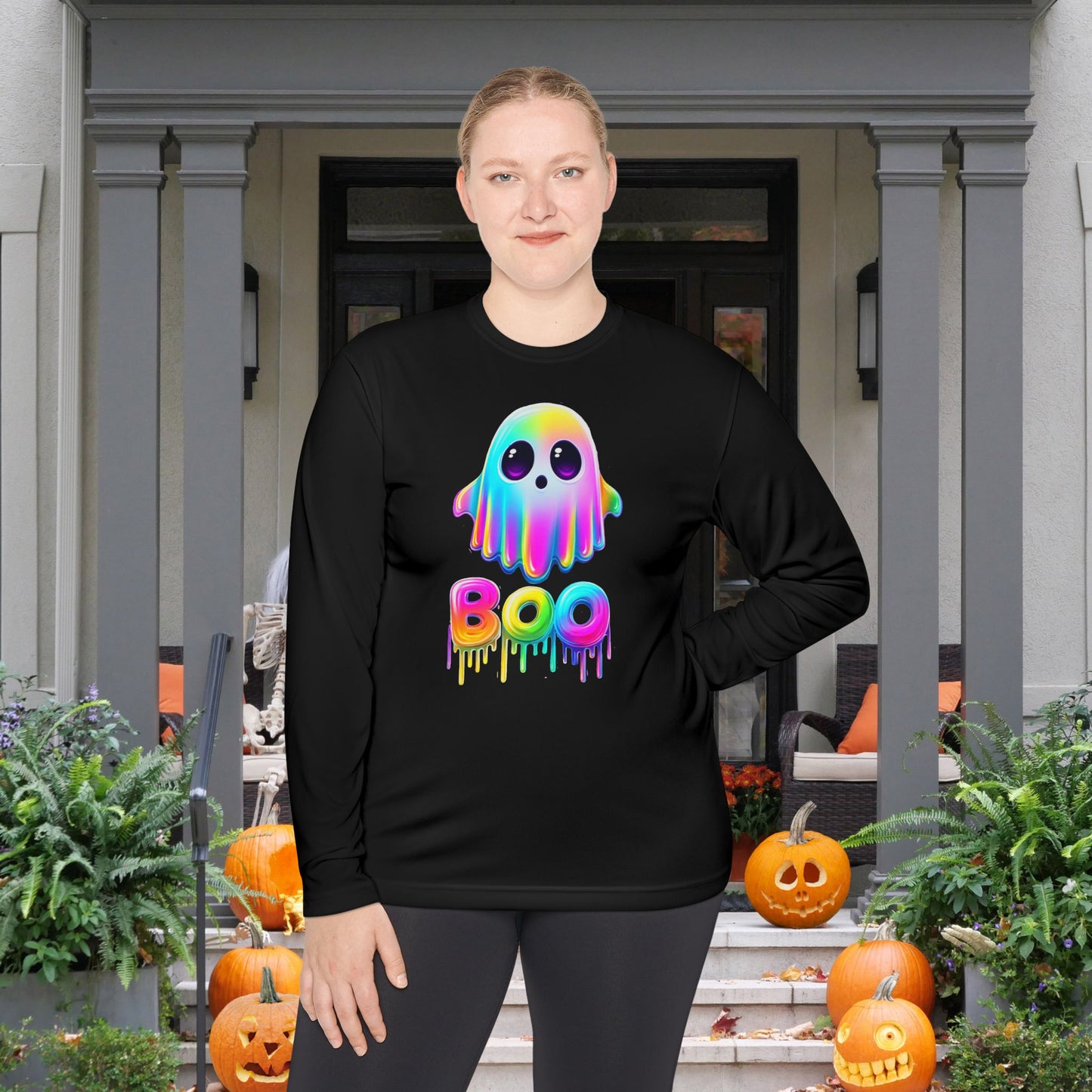 Neon Ghostly Boo Adult Long Sleeve Tee