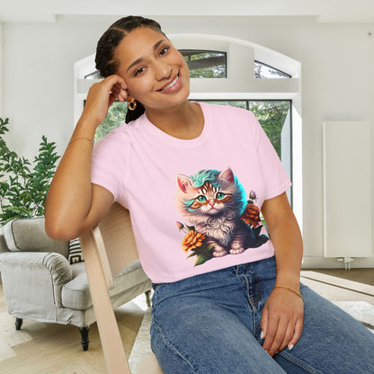 Cute Colorful Kitten in Flowers 3 Adult T-shirt