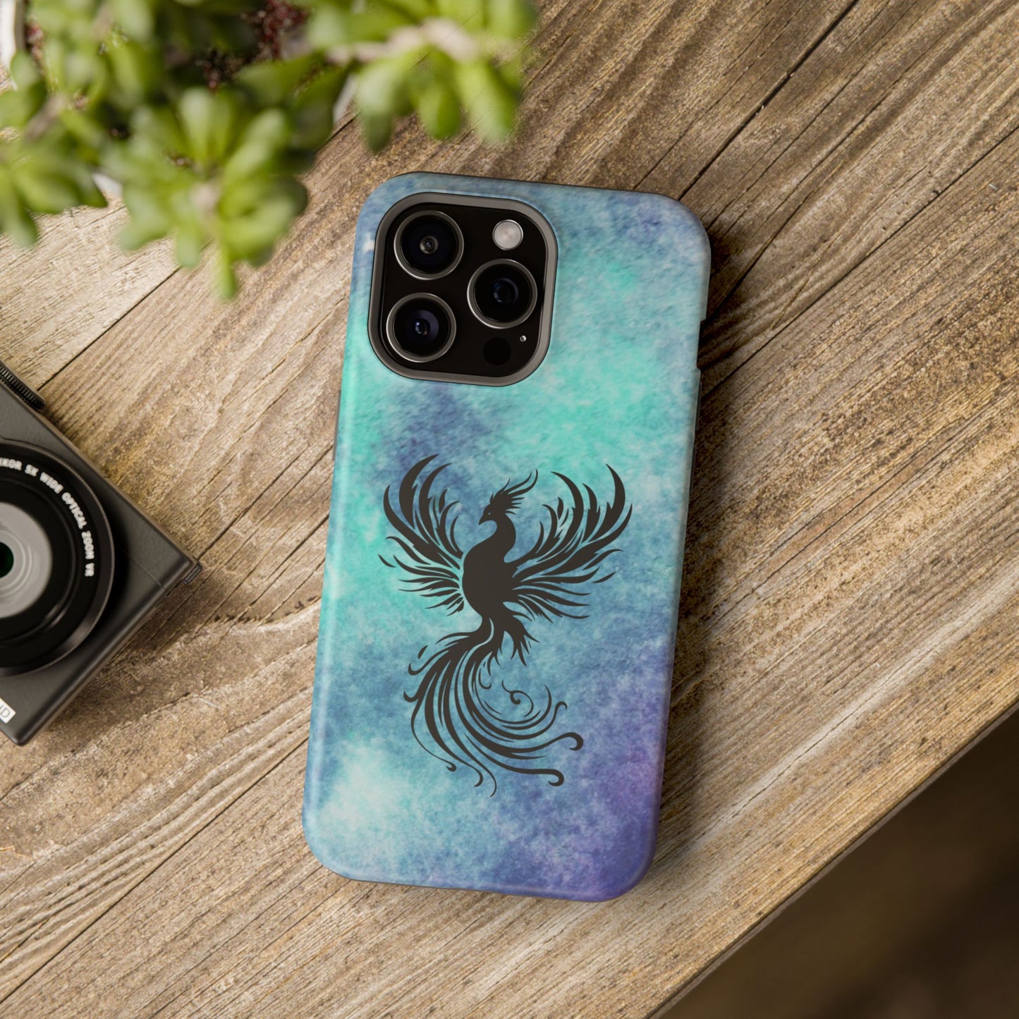 Phoenix Silhouette Over Teal Nebula MagSafe® Compatible Tough Case for iPhone