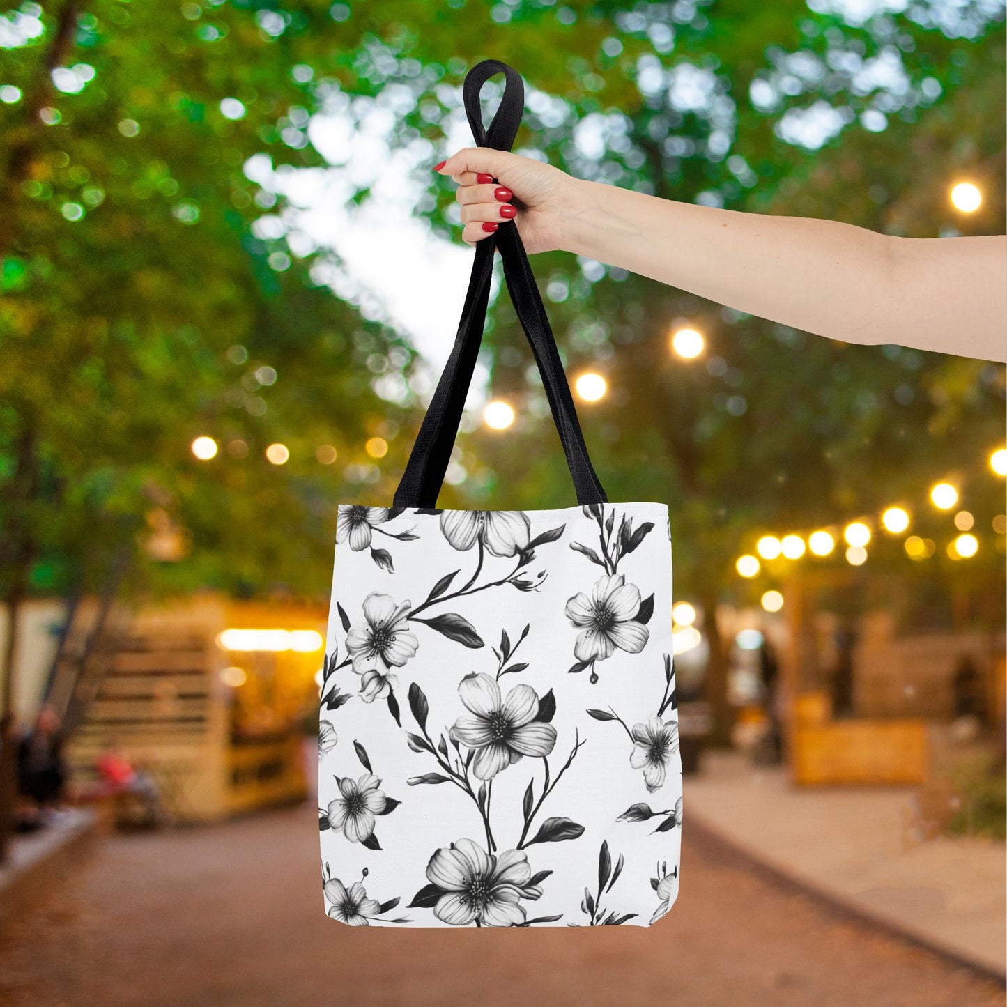 Black & White Five Petal Floral Canvas Tote Bag