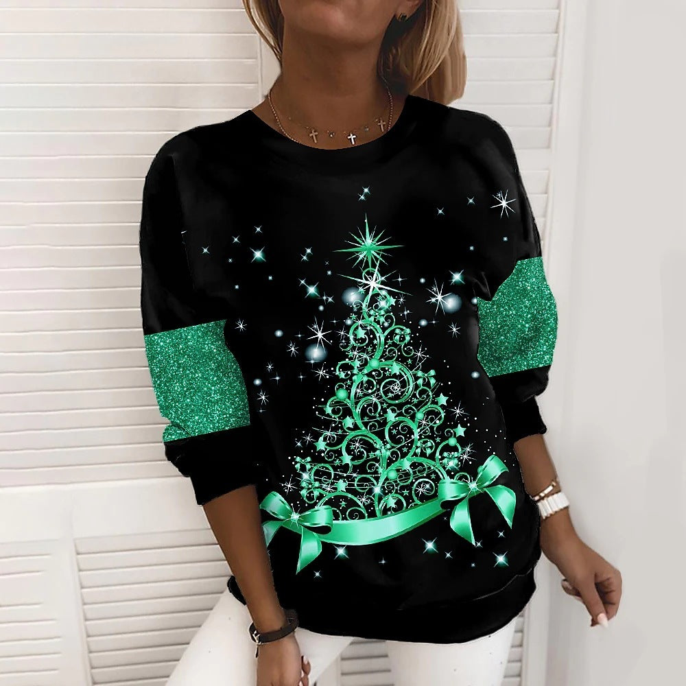 Colorful Christmas Tree Print Over Black Casual Loose Top