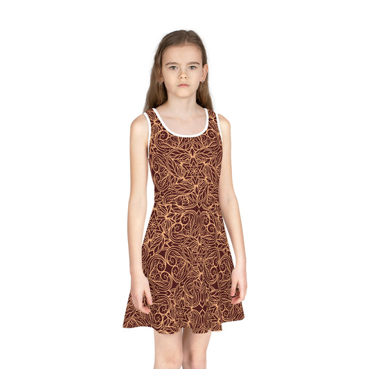 Golden Crimson Star Mandala Girls' Sleeveless Sundress