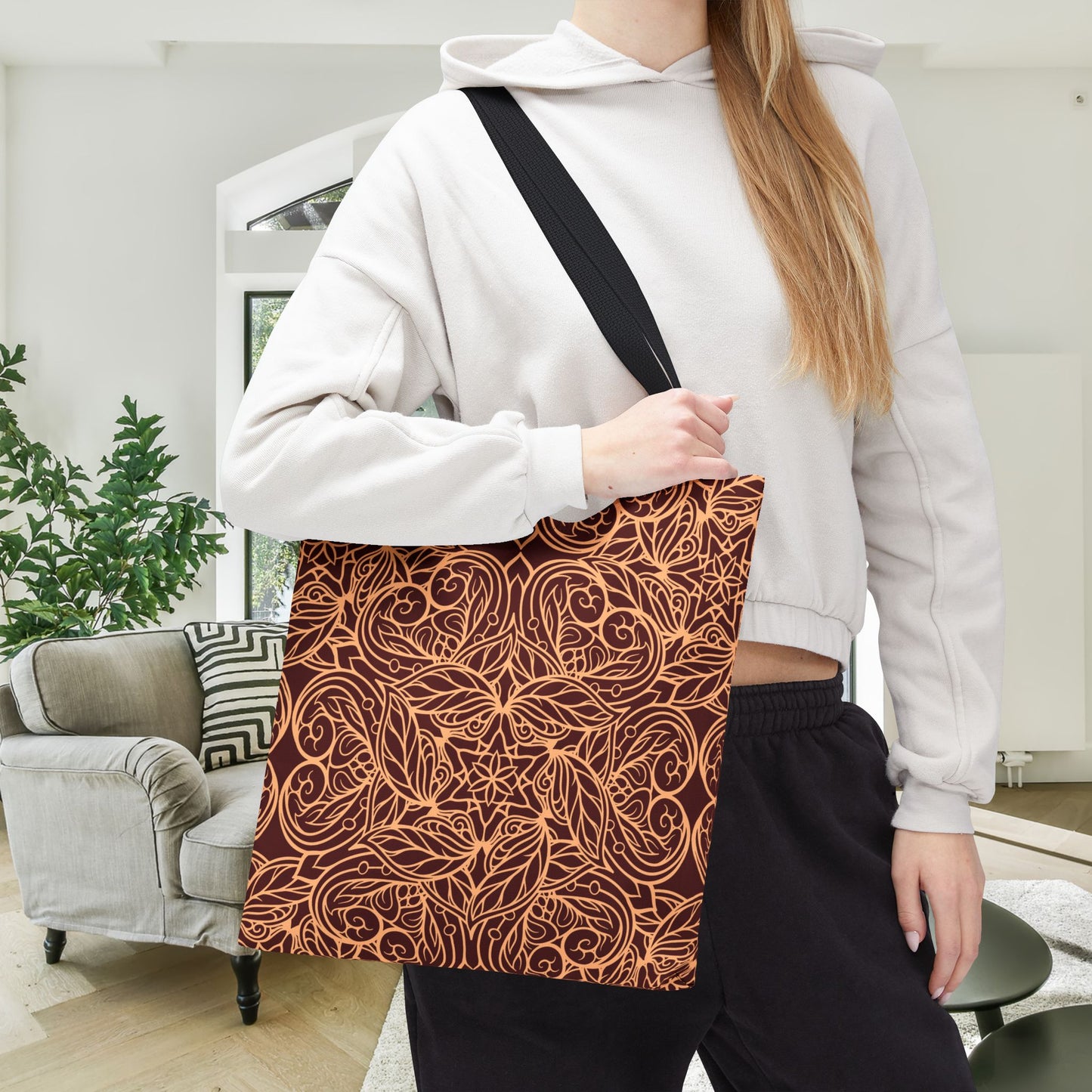 Golden Crimson Star Mandala Canvas Tote Bag