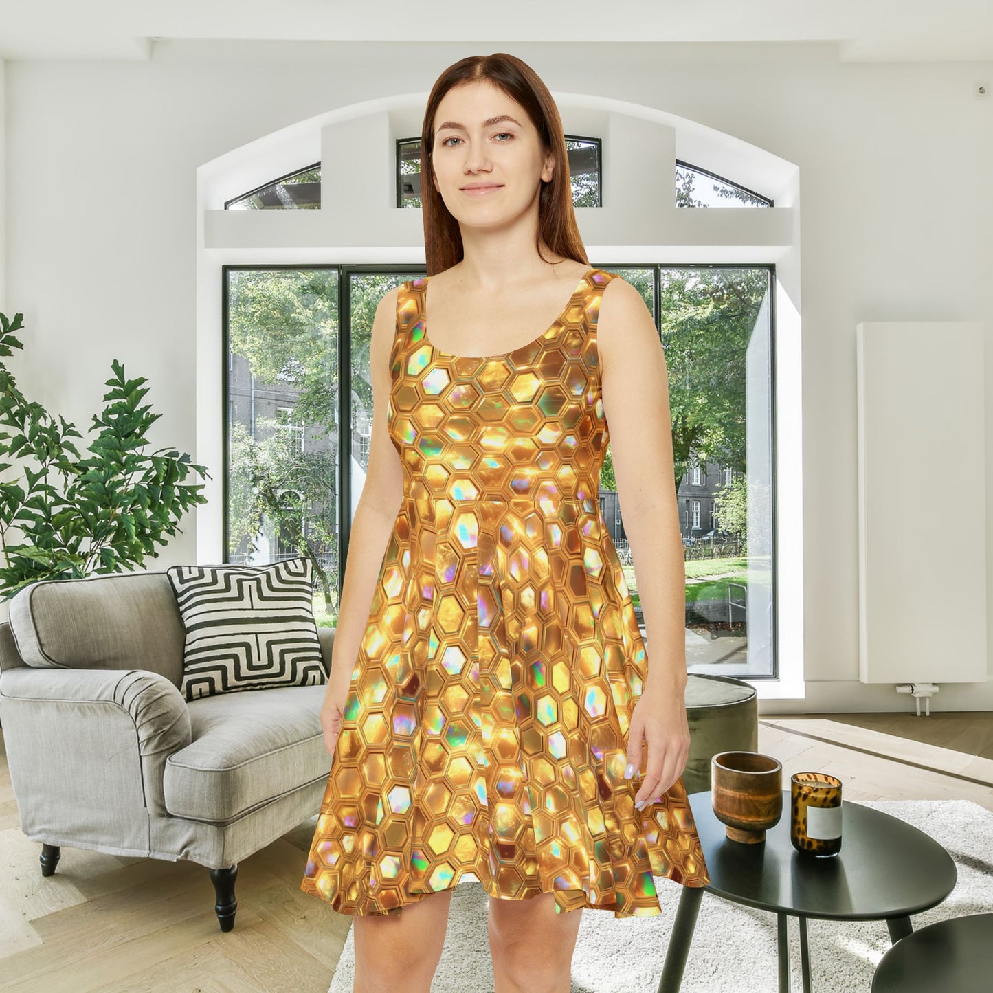 Golden Prism Grid Women's Skater Dress