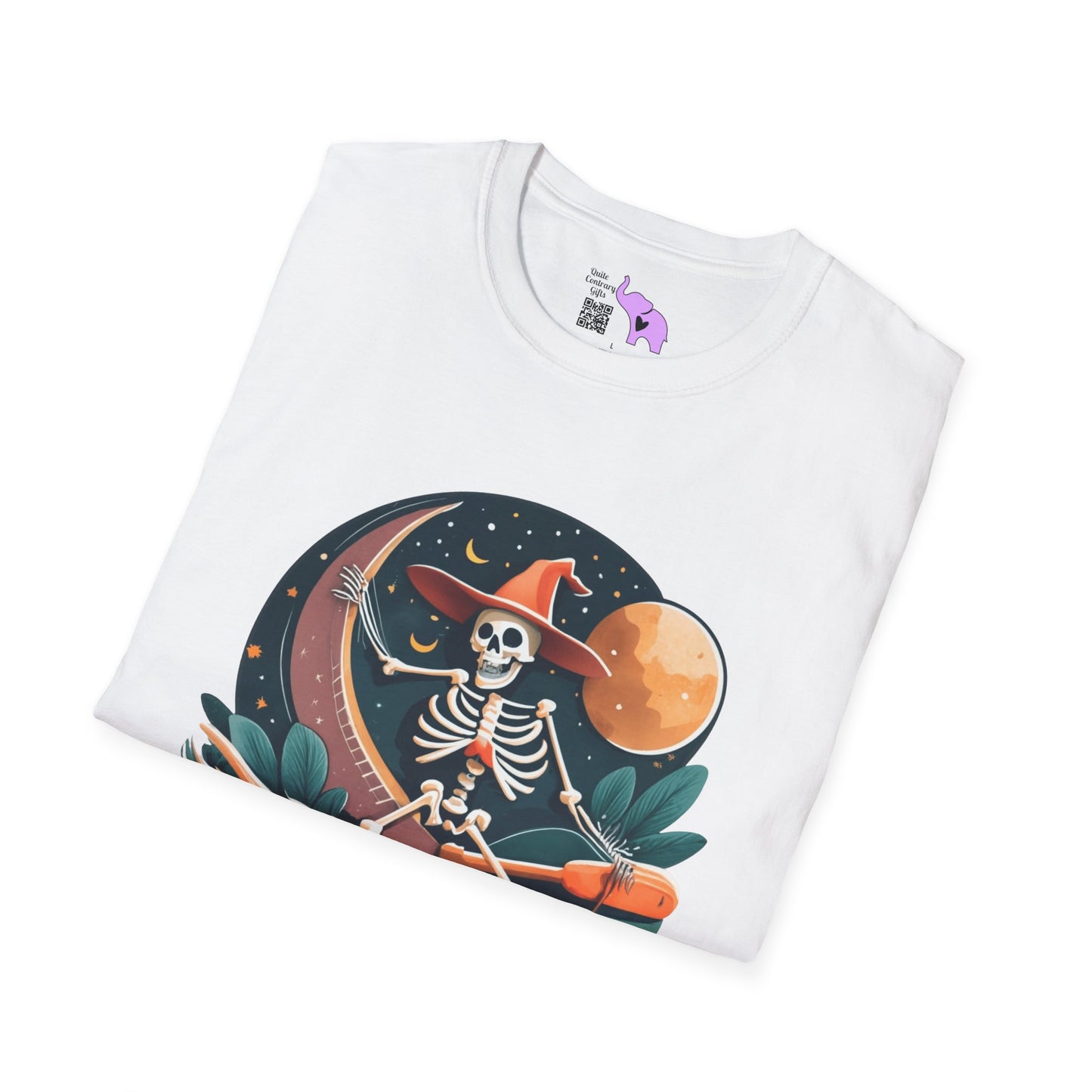 Skeleton Over Moon On Broomstick Adult T-shirt