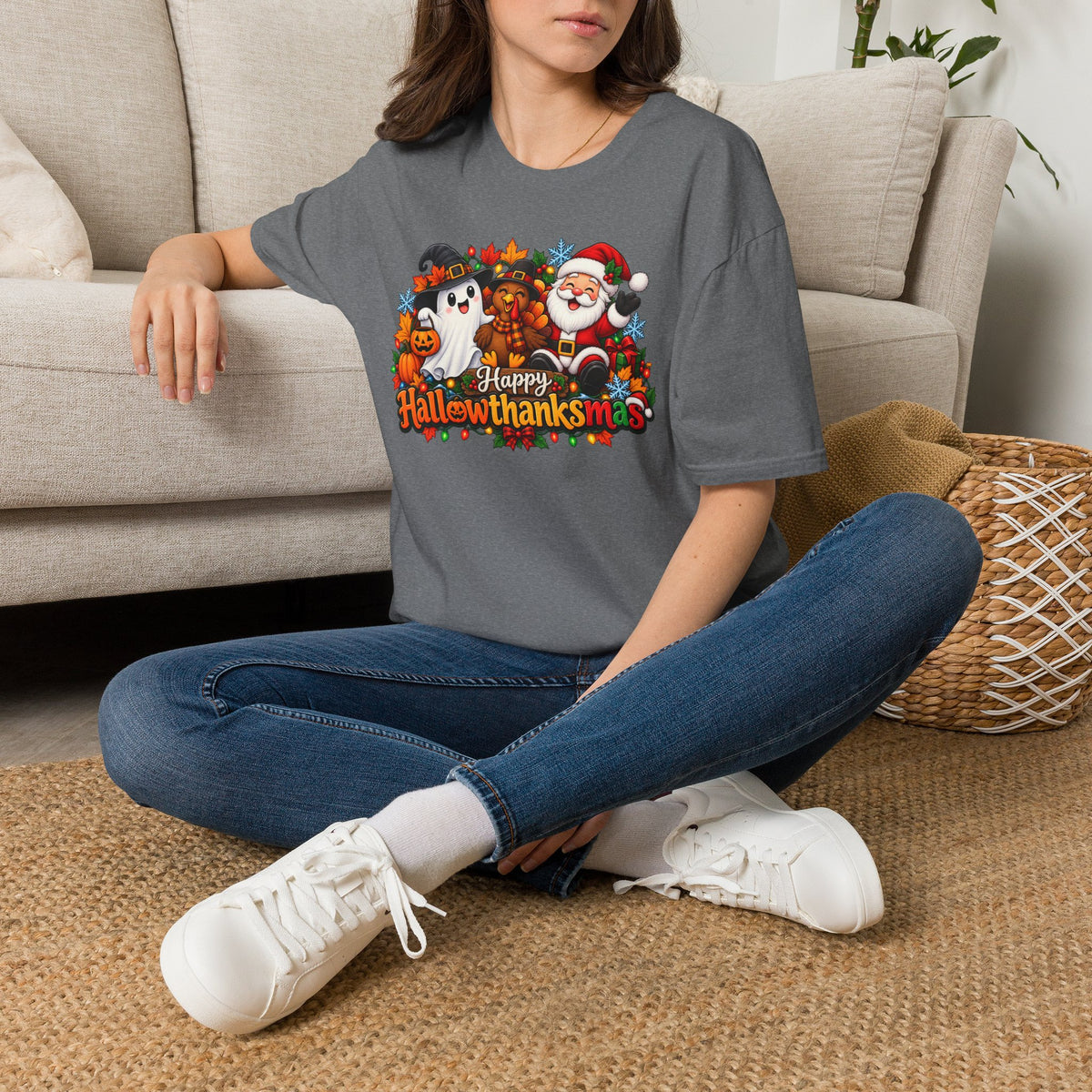 Hallowthanksmas Shirt (Ghost/Turkey/Santa) Adult T-shirt