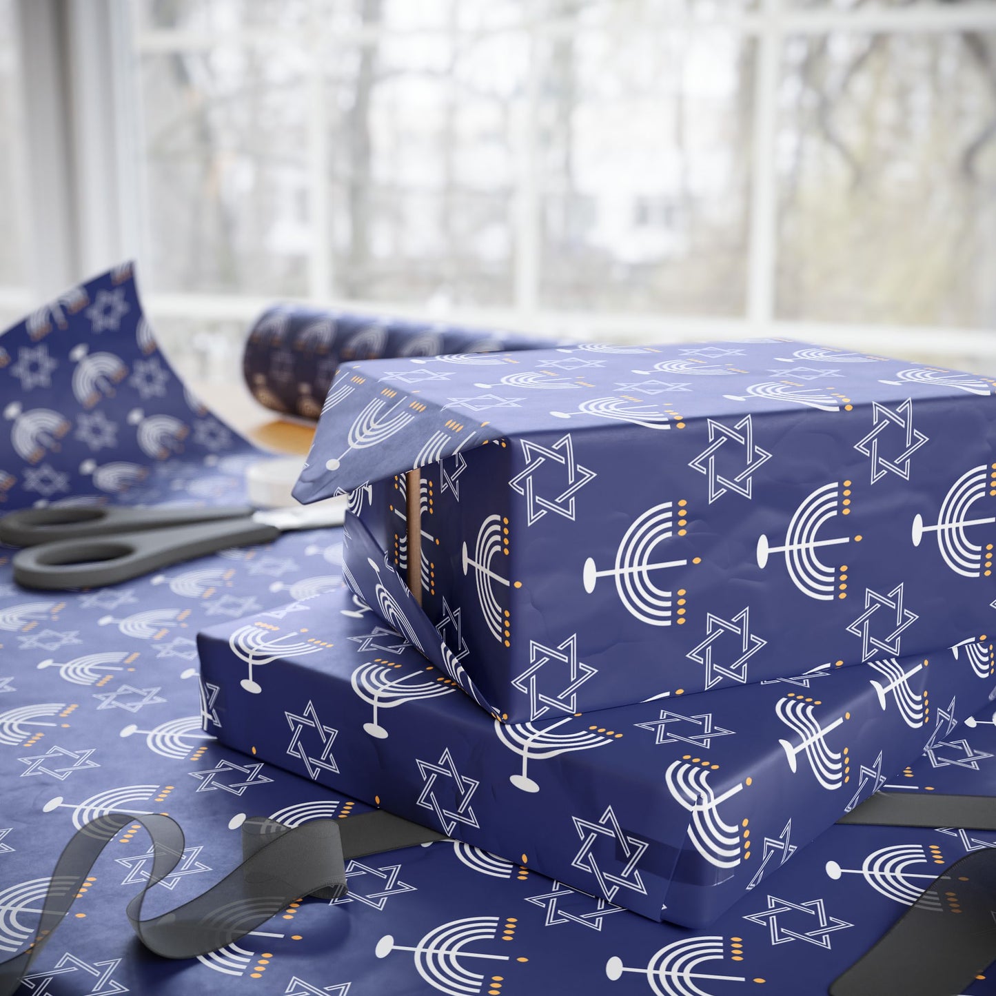 Menorah/Star of David (Blue) Hanukkah Wrapping Paper