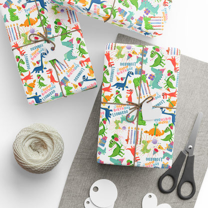 Birthday Dinosaur (White) Custom Name Wrapping Paper (Leonardo)