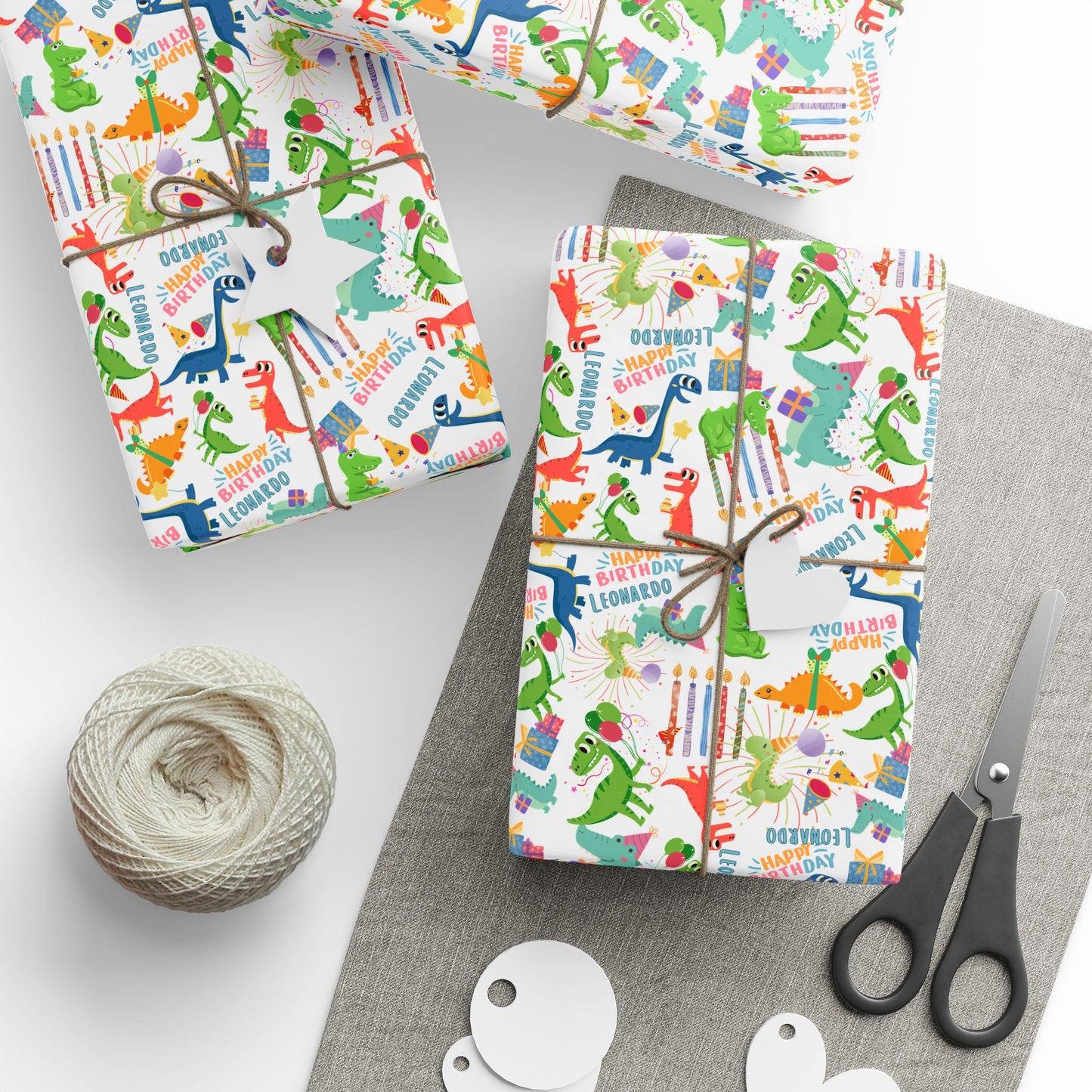 Birthday Dinosaur (White) Custom Name Wrapping Paper (Leonardo)