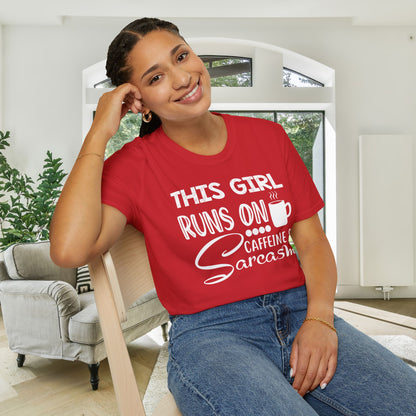 This Girl Runs On Coffee And Sarcasm Adult T-shirt