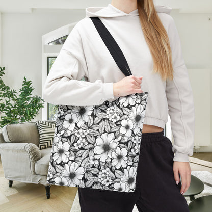 Black & White Forget-Me-Nots Canvas Tote Bag