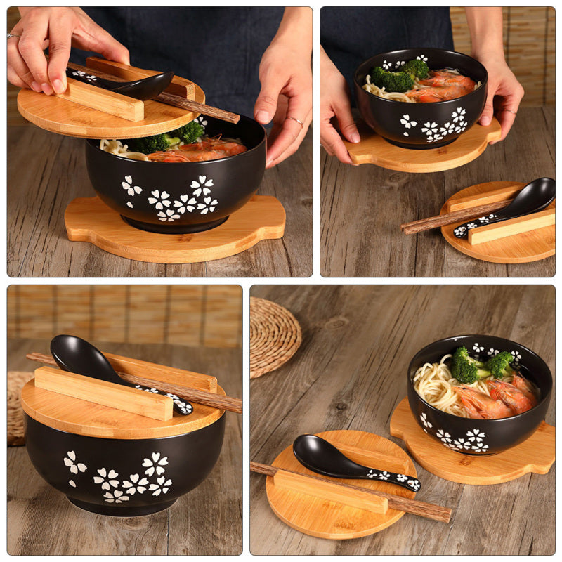 Japanese Style Ceramic Noodle Bowl with Lid