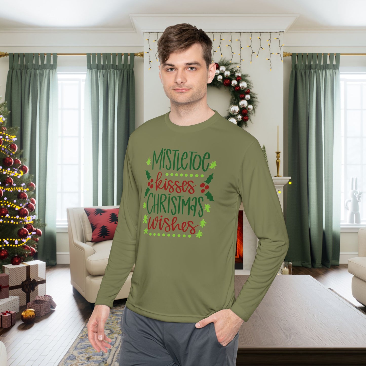 Mistletoe Kisses Christmas Wishes Adult Long Sleeve Tee