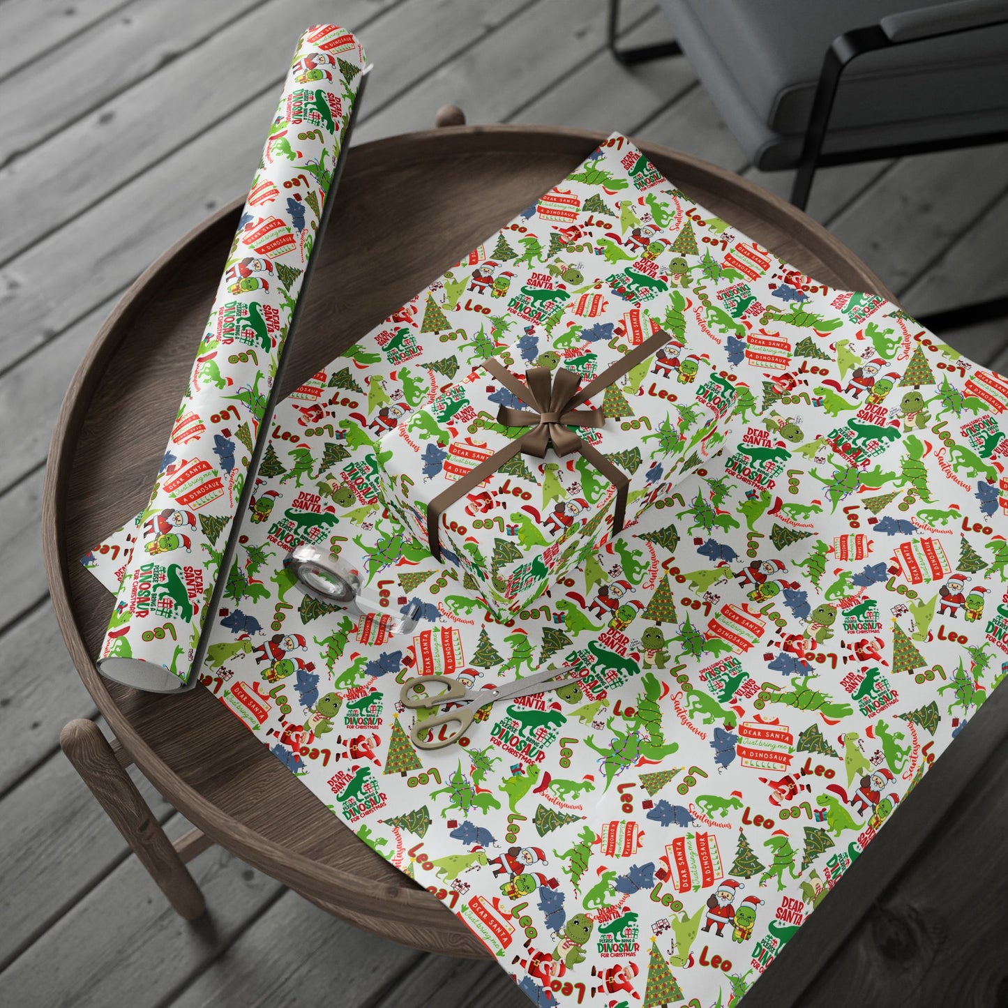 Dinosaur Santa Themed Custom Name Wrapping Paper (Leo)