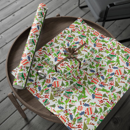 Dinosaur Santa Themed Custom Name Wrapping Paper (Leo)