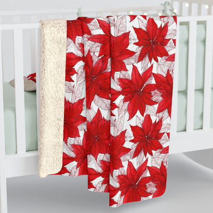Crimson Poinsettia Sketch Sherpa Fleece Blanket