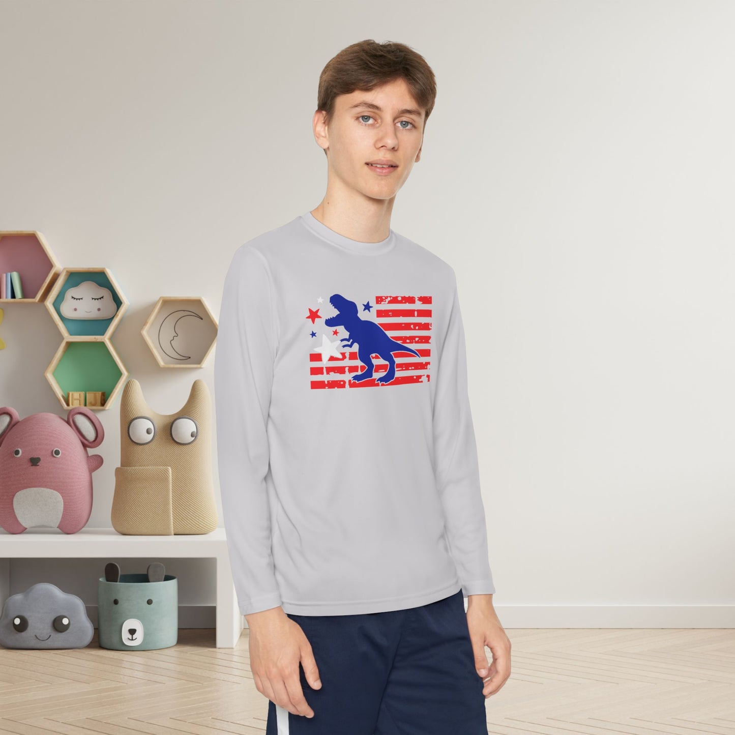 Distressed Patriotic T-Rex Youth Long Sleeve Tee