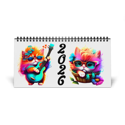 2026 Colorful Cat Desktop Calendar — Cute Kitten Monthly Grid Planner