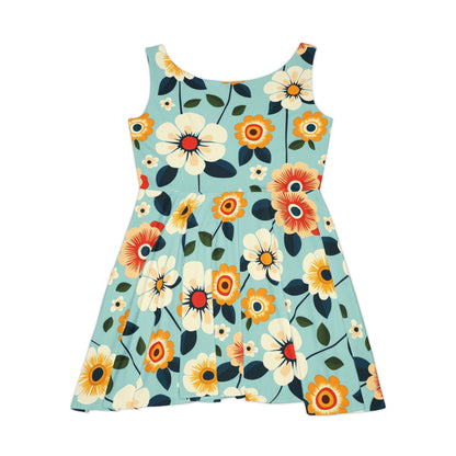 Vivid Flower on Teal Women's Skater Dress - Fun Spring Floral Dress for Every Occasion