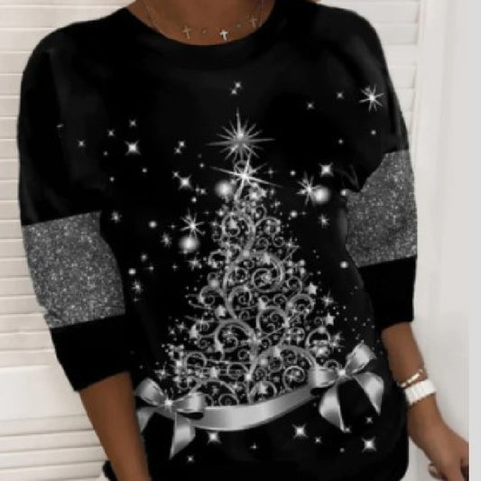 Colorful Christmas Tree Print Over Black Casual Loose Top