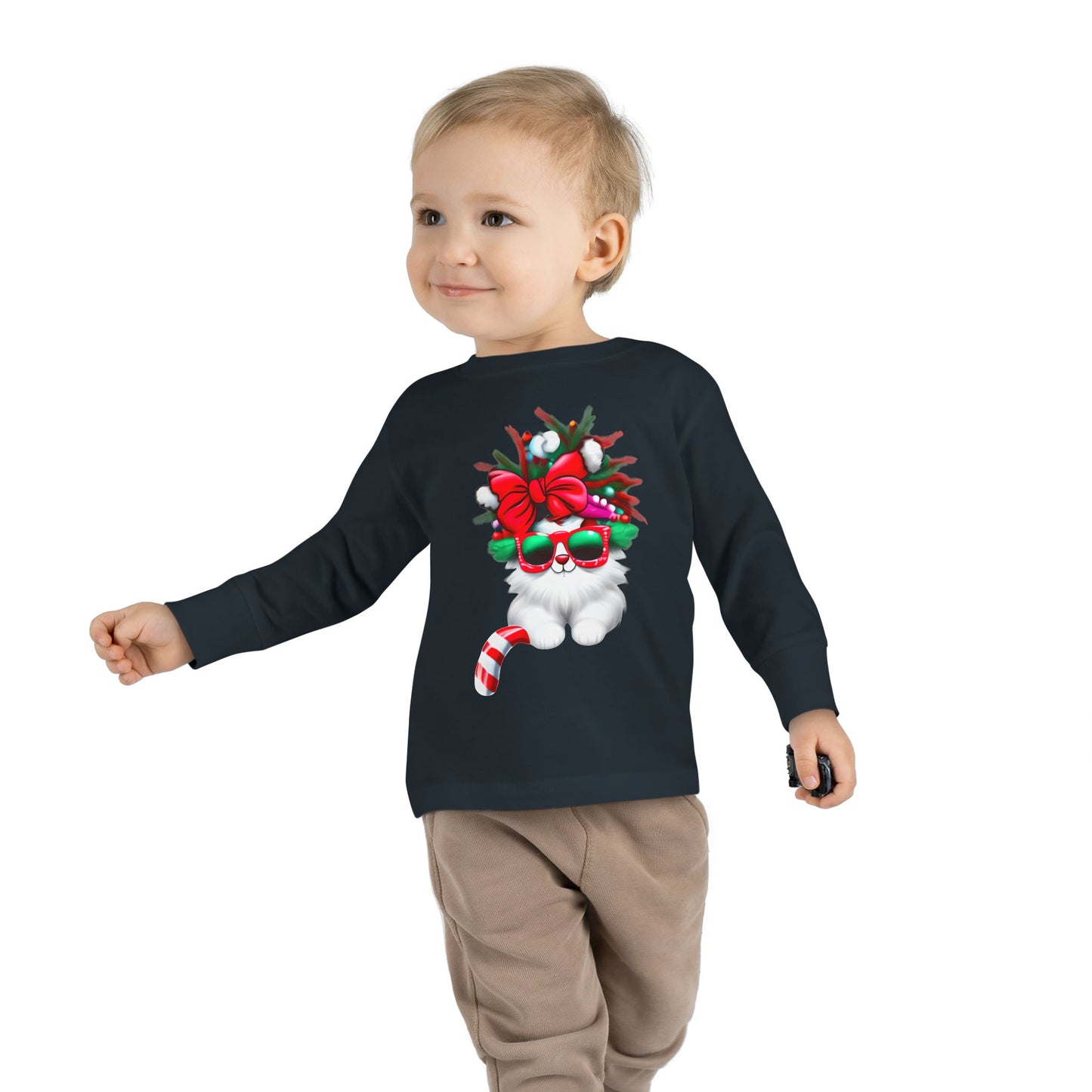 White Candy Cane Kitten Toddler Long Sleeve Tee