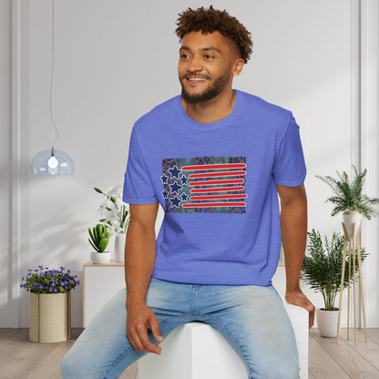 American Flag Over Camo Adult T-shirt