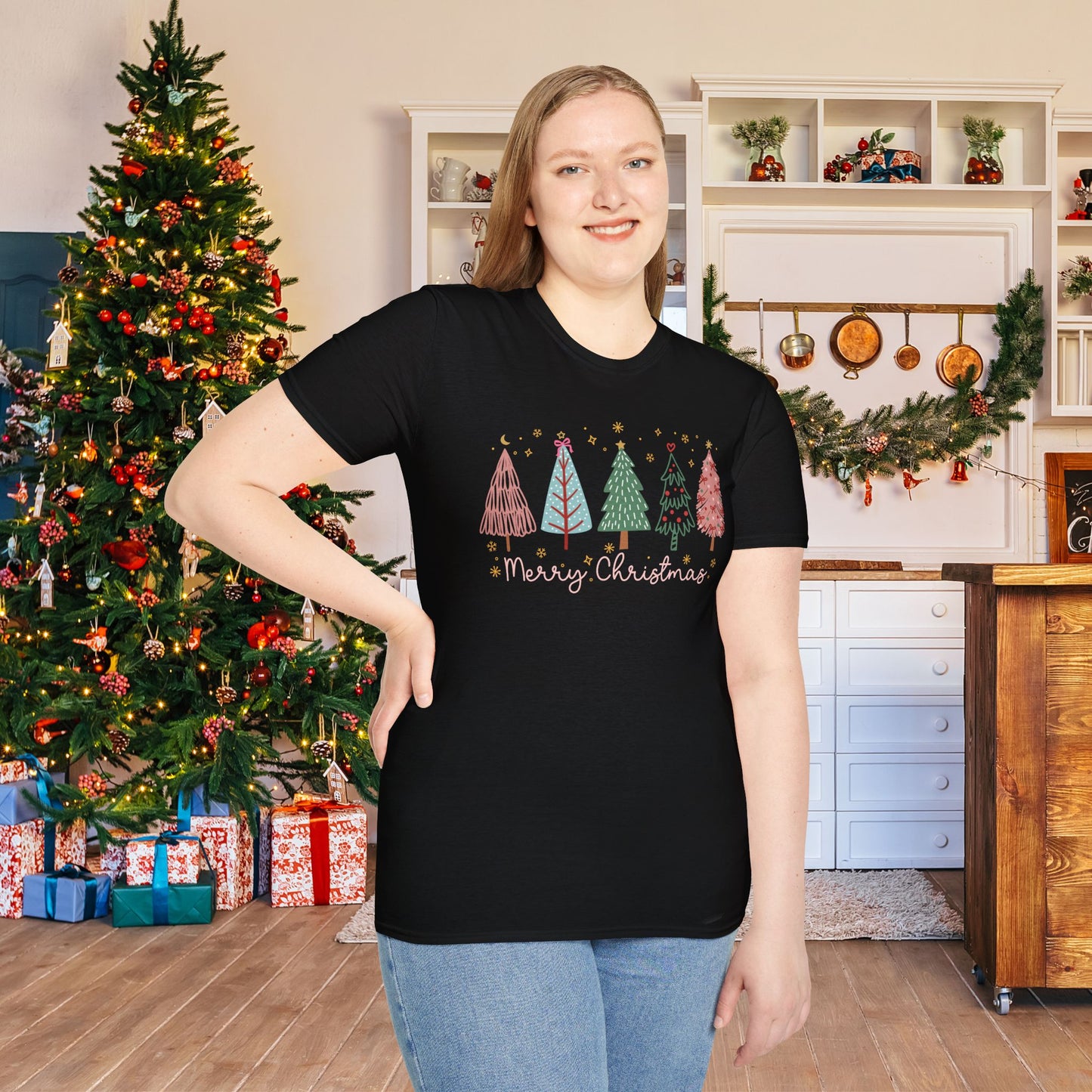 Merry Christmas Trees & Stars Adult T-shirt