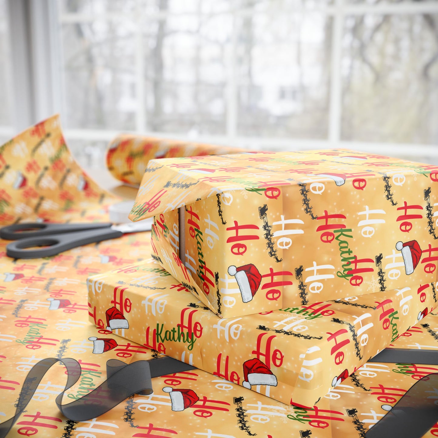 Gold Ho Ho Ho Custom Name Wrapping Paper (Kathy)