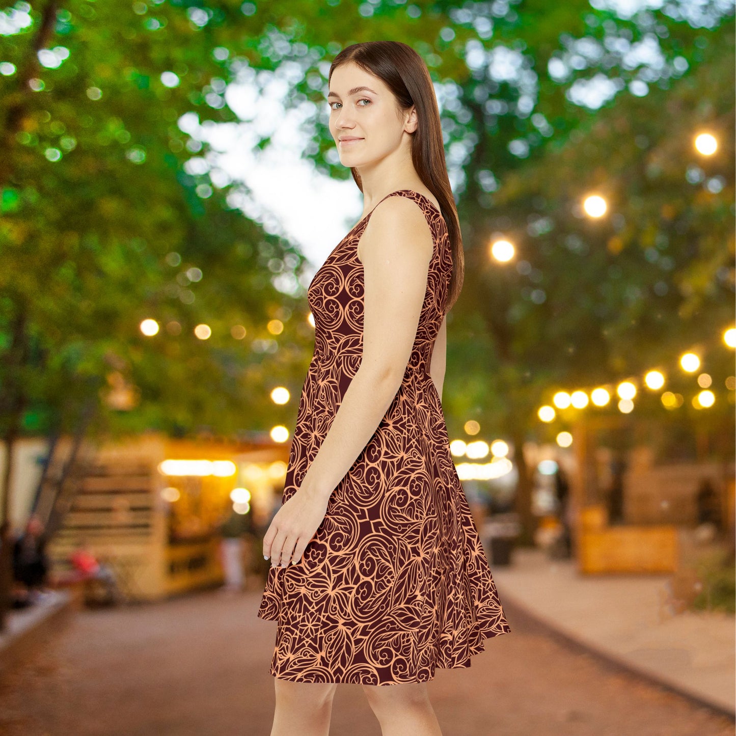 Golden Crimson Star Mandala Women's Skater Dress