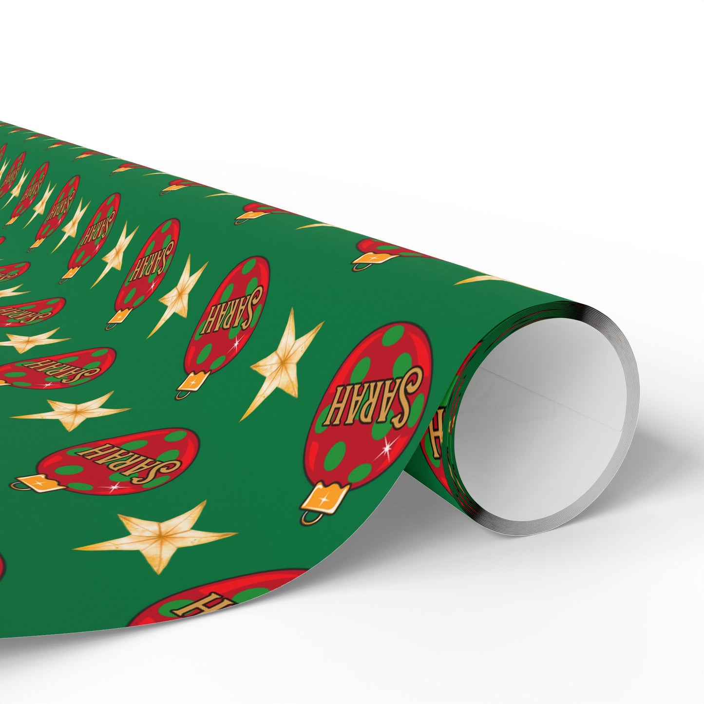 Red Ornament Gold Star Green Custom Wrapping Paper (Sarah)