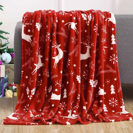 Christmas Elk Snowman Santa Claus Print Double-sided Flannel Couch Blanket