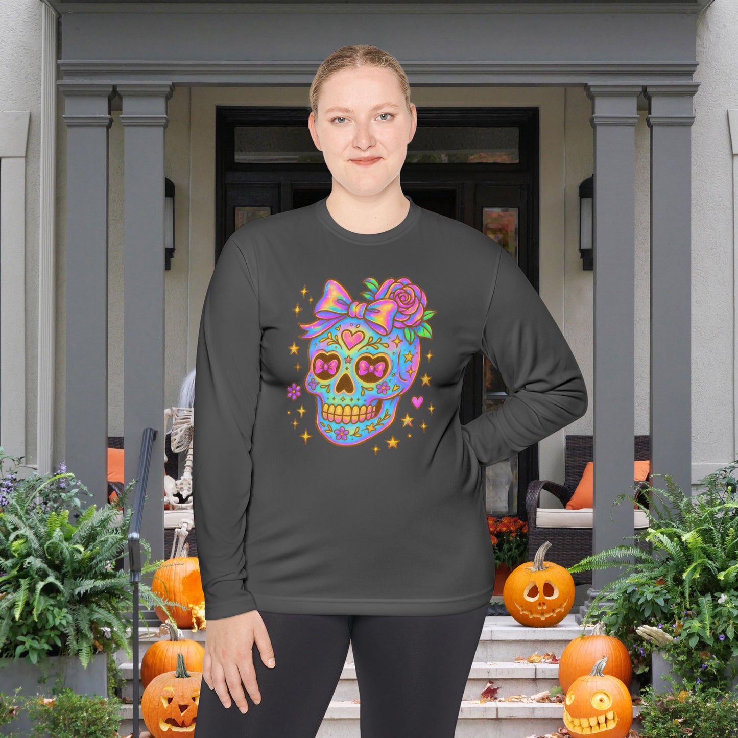 Neon Sugar Skull Adult Long Sleeve Tee