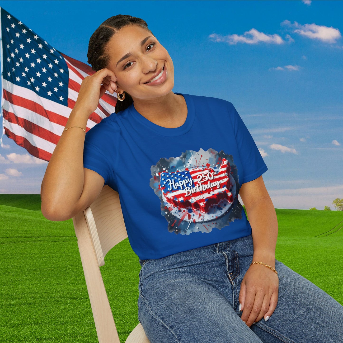 America-Shaped Happy 250th Birthday Cake Adult T-shirt