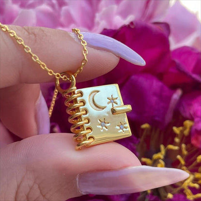 Book-shaped Locket Necklace With Stars Moon And Engraved Letters