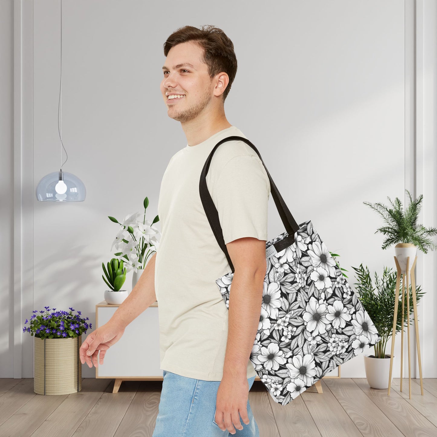 Black & White Forget-Me-Nots Canvas Tote Bag