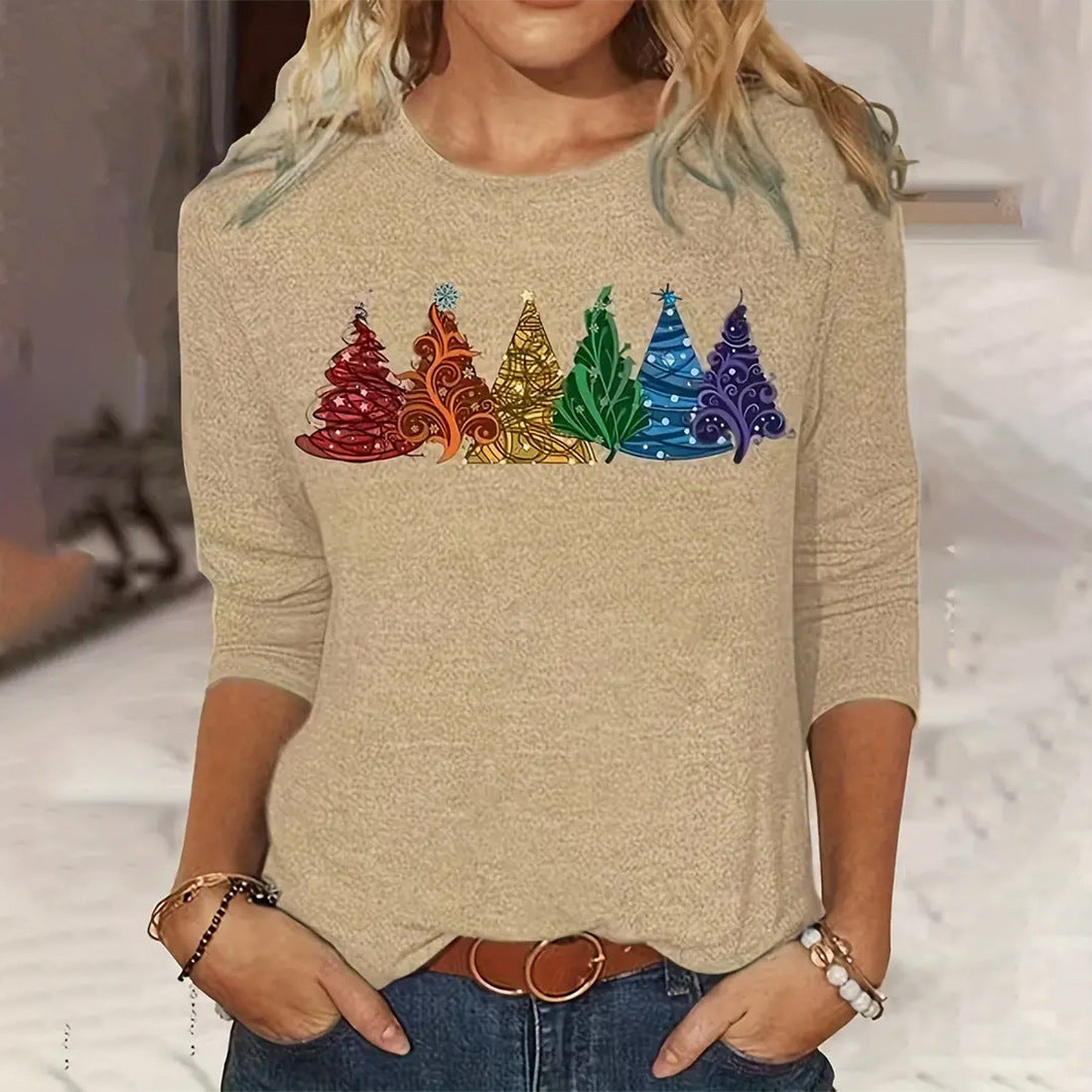 Women's Long-sleeved T-shirt Christmas Tree Printed Round Neck Loose Casual up to 6x