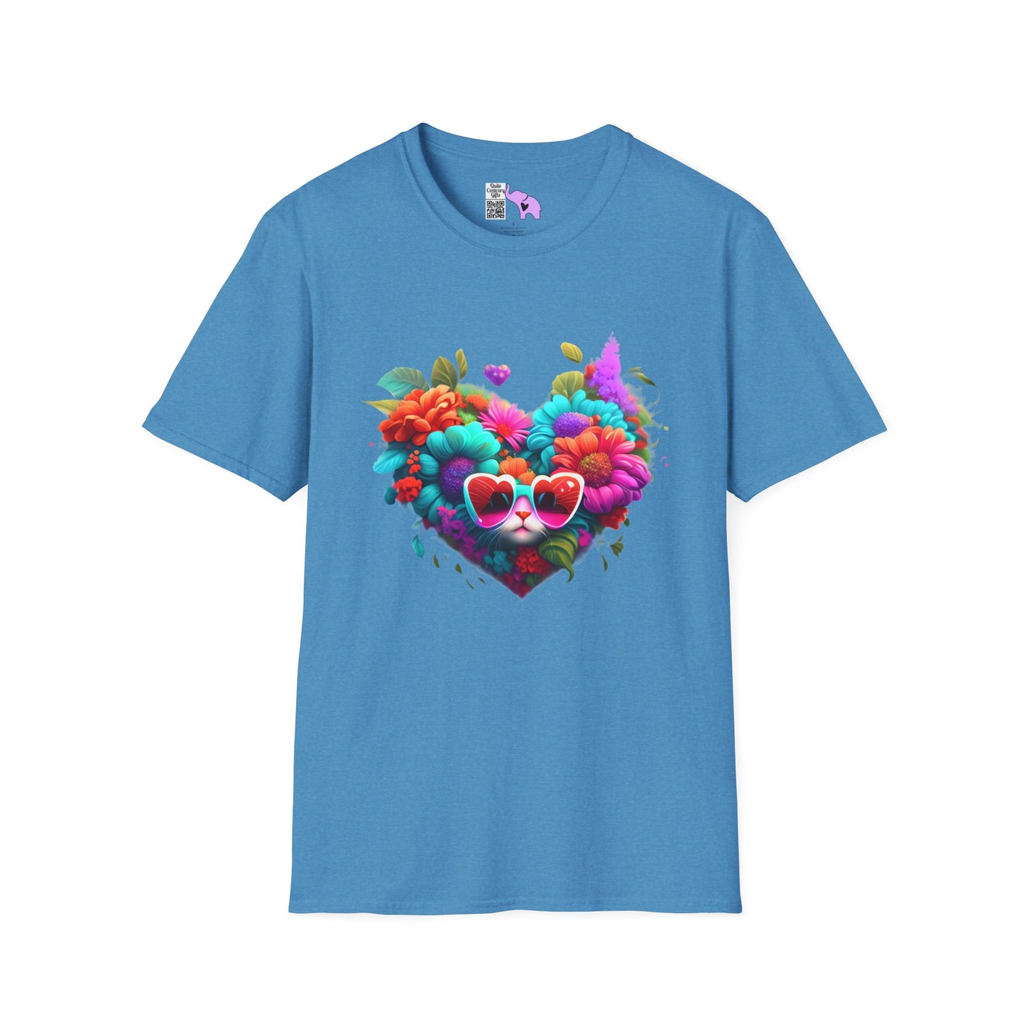 Colorful Flowers/Heart Kitten Adult T-shirt