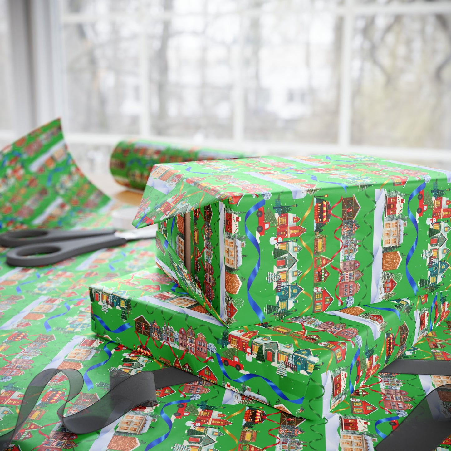 Colorful Christmas Village Green Wrapping Paper