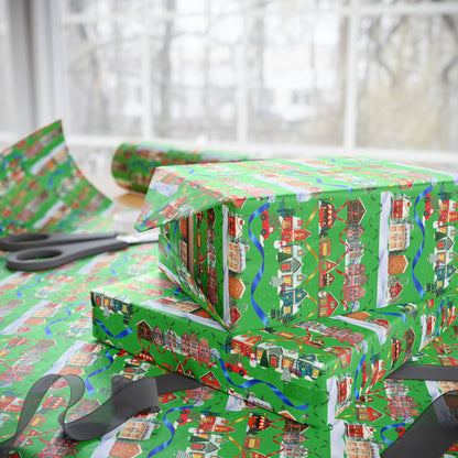 Colorful Christmas Village Green Wrapping Paper