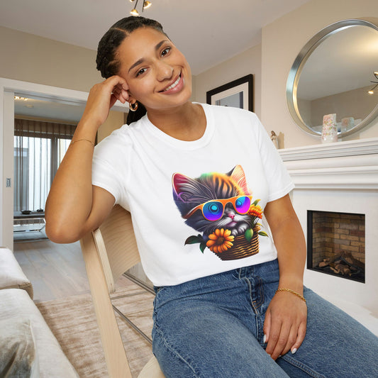 Cool Colorful Kitten in Flowers Adult T-shirt