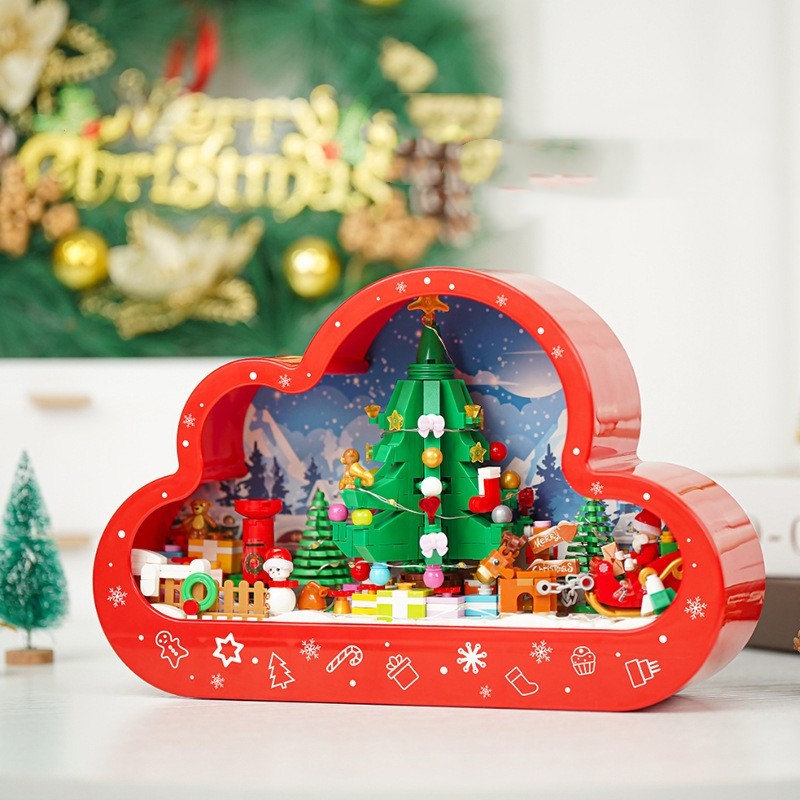DIY Building Block Christmas Village within Mirror Cloud Lamp
