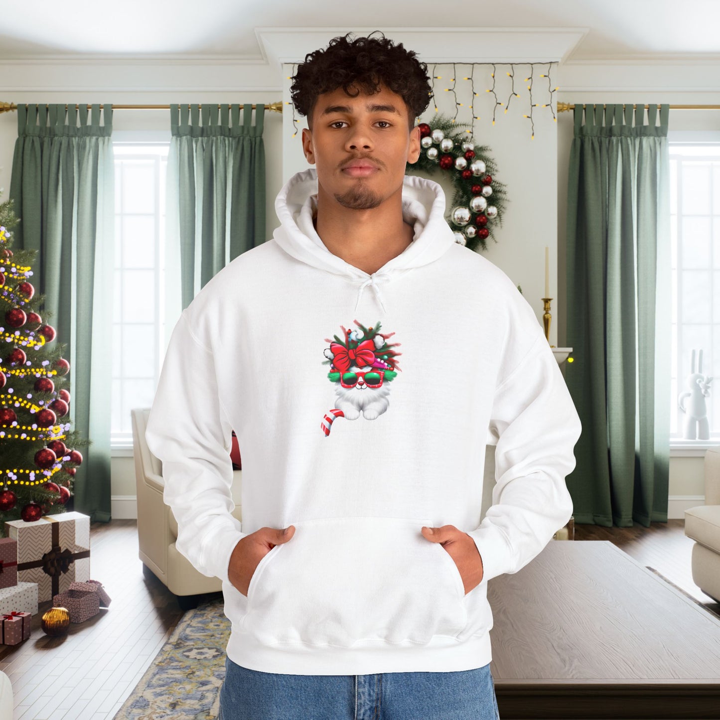 White Candy Cane Kitten Adult Heavy Blend™ Hoodie