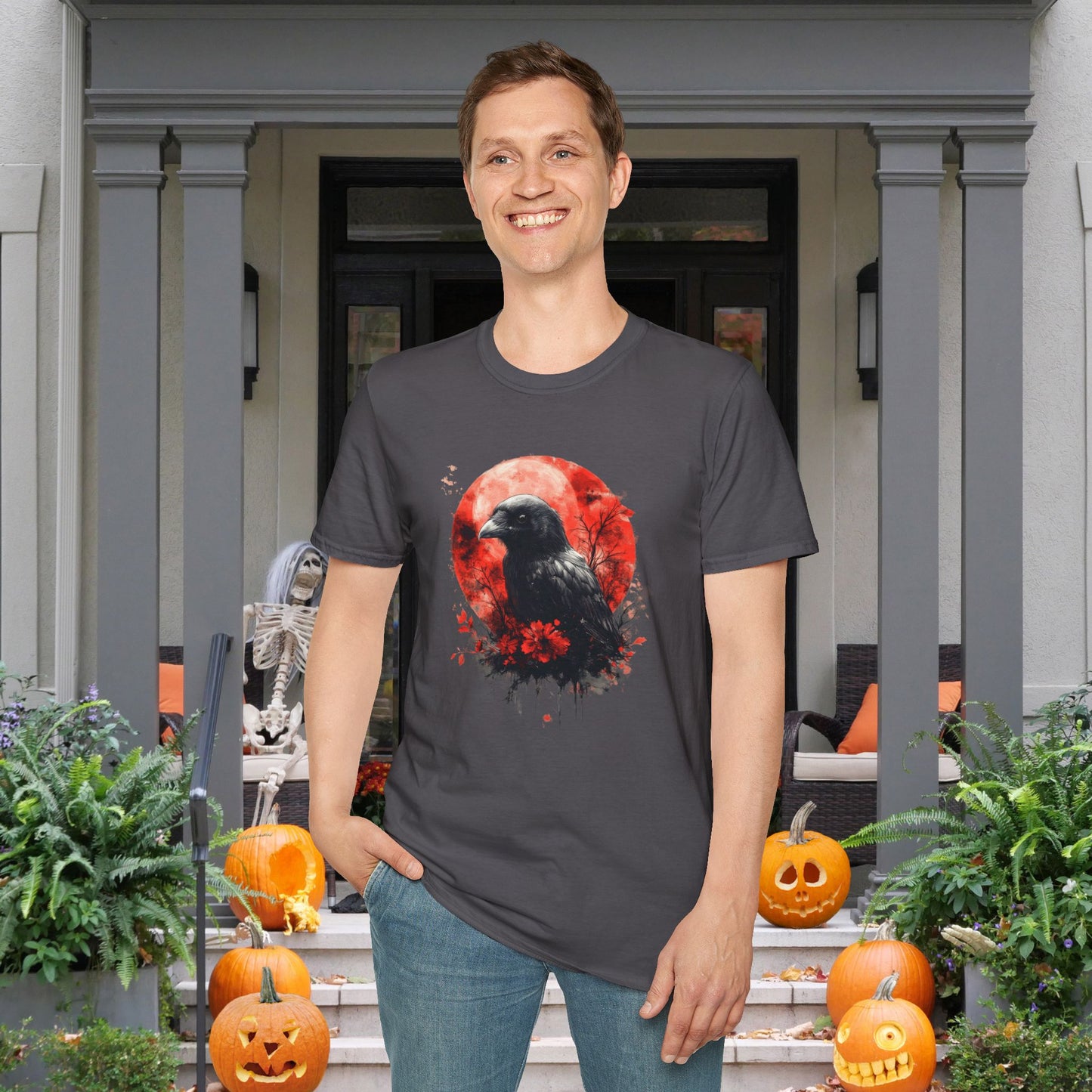 Creepy Raven with Full Moon Adult T-shirt