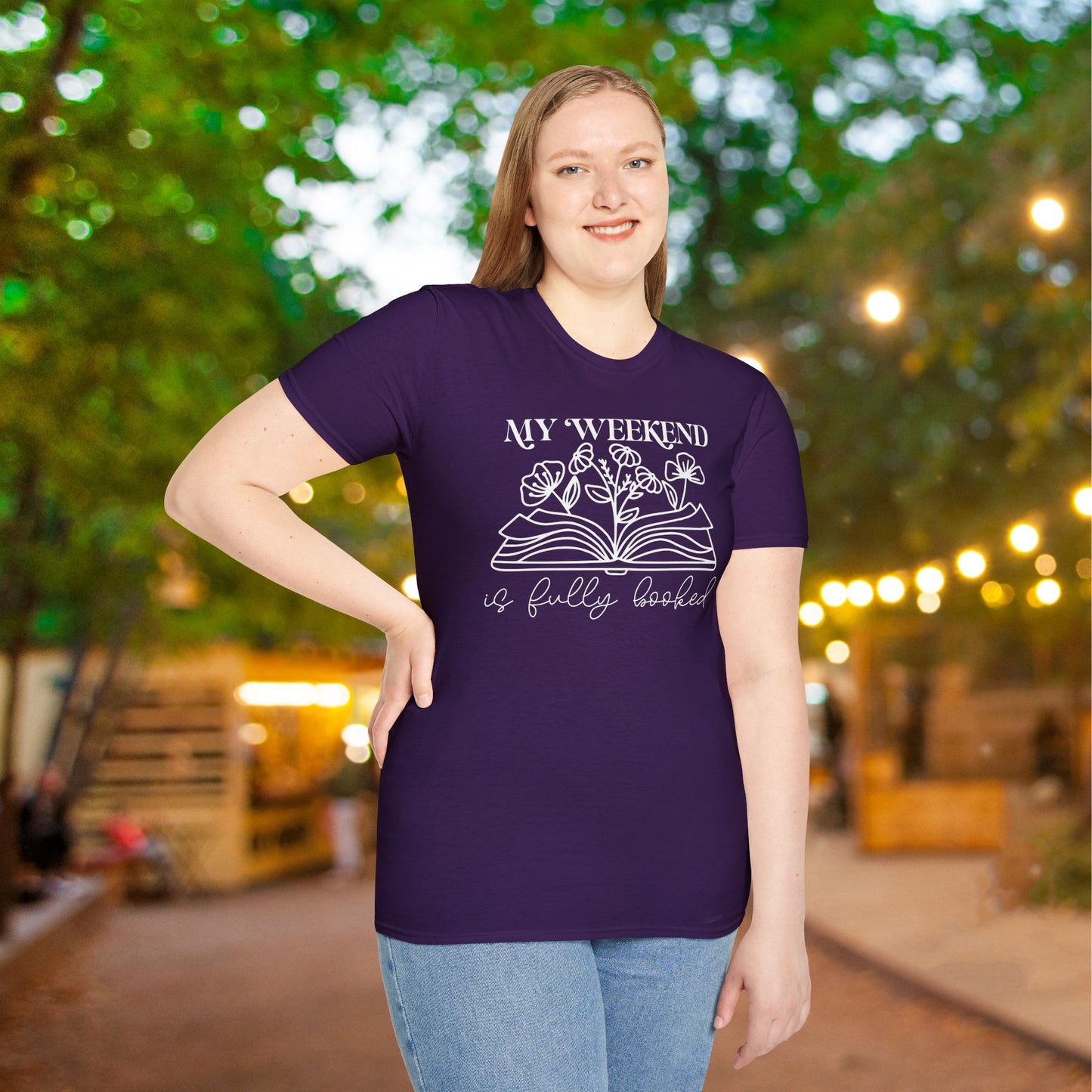 My Weekend Is Fully Booked (Flowers, Open Book) Adult T-shirt