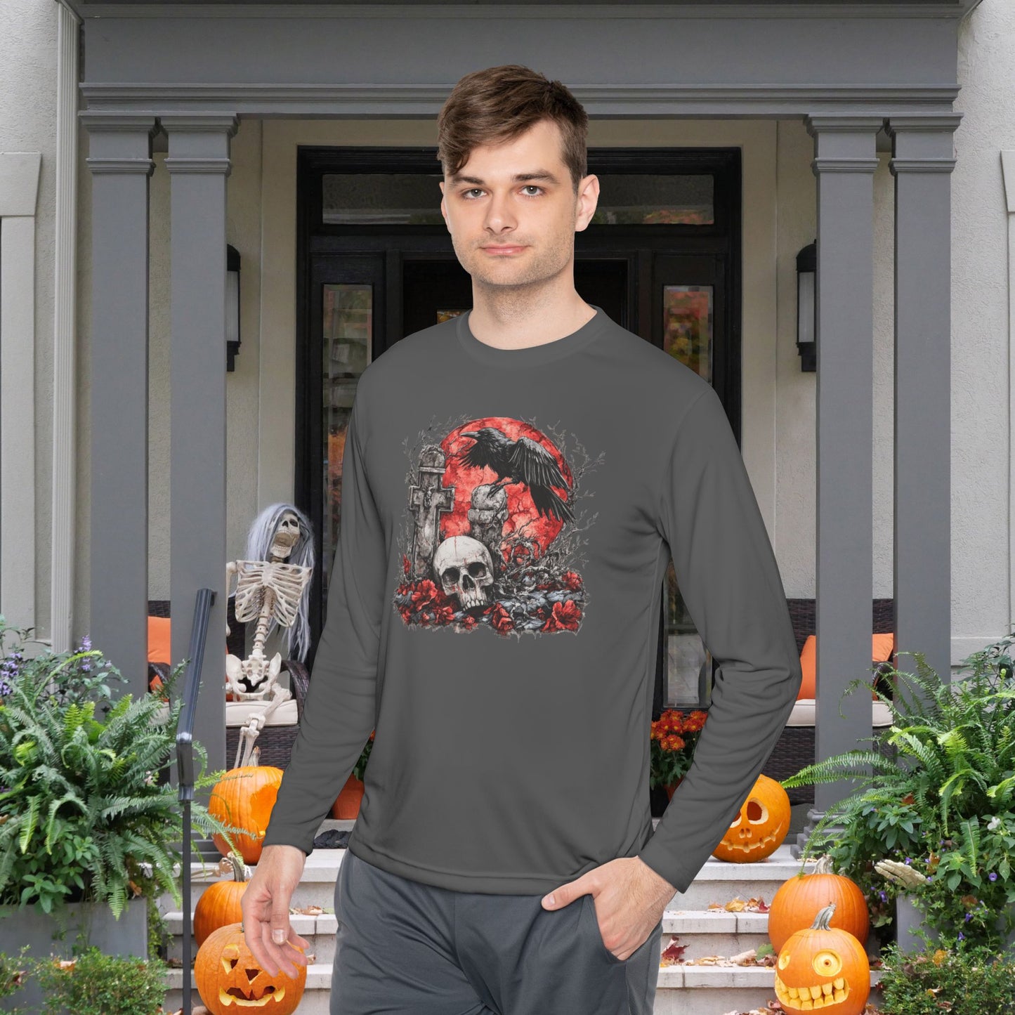 Halloween Graveyard w/Skull Adult Long Sleeve Tee
