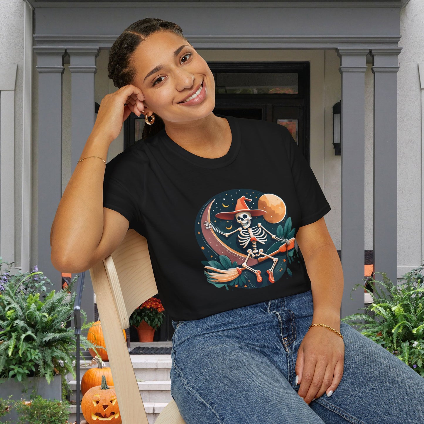 Skeleton Over Moon On Broomstick Adult T-shirt
