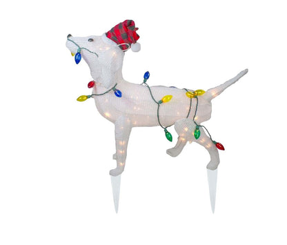 Illuminated Christmas Dog Decor – White Pup with Santa Hat
